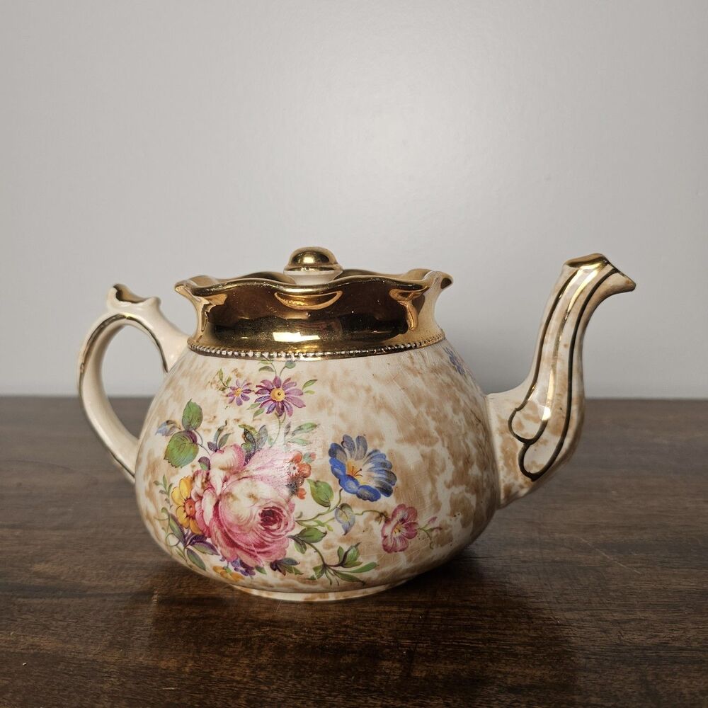 Vintage Arthur Wood Staffordshire England Teapot 3726 Brown Sponge Floral Rose